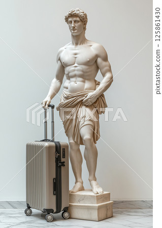 Classical Greek statue standing beside a modern suitcase indoors in a hotel hall. Travel, vacation, exploration, wanderlust. Tourist with his bag, travel more concept. Greece tourism, visit Greece. 125861430