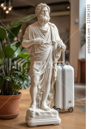 Classical Greek statue standing beside a modern suitcase indoors in a hotel hall. Travel, vacation, exploration, wanderlust. Tourist with his bag, travel more concept. Greece tourism, visit Greece. 125861435