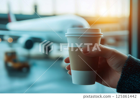 Hand holding a coffee cup with an airplane in the background. A person holding a coffee to go with a plane visible in an airport terminal. Travel and vacation vibes, travel more concept Hand holding a coffee cup with an airplane in the background. A person holding a coffee to go with a plane visible in an airport terminal. Travel and vacation vibes, travel more concept 125861442
