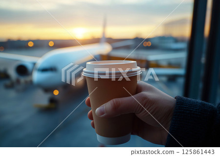 Hand holding a coffee cup with an airplane in the background. A person holding a coffee to go with a plane visible in an airport terminal. Travel and vacation vibes, travel more concept Hand holding a coffee cup with an airplane in the background. A person holding a coffee to go with a plane visible in an airport terminal. Travel and vacation vibes, travel more concept 125861443