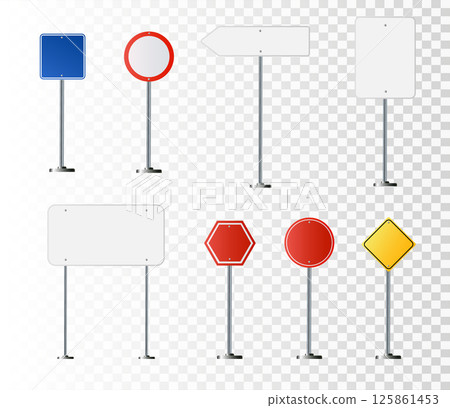 Road, traffic signs. Highway signboard on metal pole. Blank white board with place for text. Directional signage and wayfinder. information sign vector mockup. Road, traffic signs. Highway signboard on metal pole. Blank white board with place for text. Directional signage and wayfinder. information sign vector mockup. 125861453