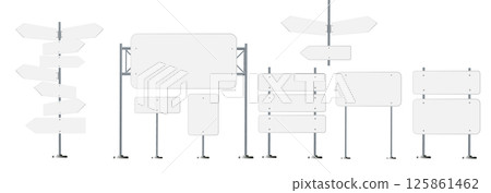 Road, traffic signs. Highway signboard on metal pole. Blank white board with place for text. Directional signage and way finder. information sign vector mockup. Road, traffic signs. Highway signboard on metal pole. Blank white board with place for text. Directional signage and way finder. information sign vector mockup. 125861462