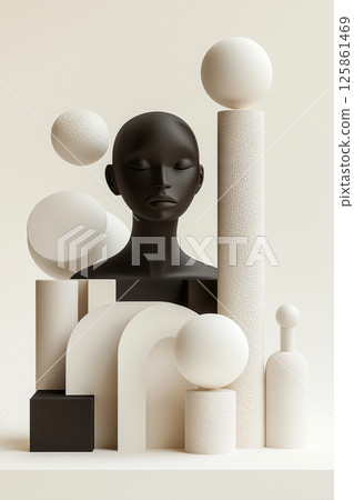 Abstract Composition of Balanced Geometric Shapes in Minimalist Style, Woman Figure Meditating. Different shapes and muted tones, symbolizing harmony and centeredness. 125861469