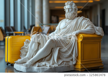 Classic Greek marble statue resting beside travel yellow suitcase in modern airport. Flight delayed, cancelled or overbooked. Contrast between classical art and modern travel in a vibrant setting 125861478