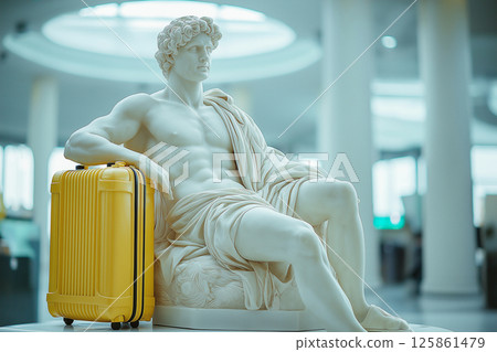 Classic Greek marble statue resting beside travel yellow suitcase in modern airport. Flight delayed, cancelled or overbooked. Contrast between classical art and modern travel in a vibrant setting 125861479