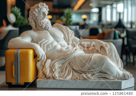 Classic Greek marble statue resting beside travel yellow suitcase in modern airport. Flight delayed, cancelled or overbooked. Contrast between classical art and modern travel in a vibrant setting 125861480
