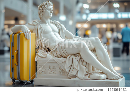 Classic Greek marble statue resting beside travel yellow suitcase in modern airport. Flight delayed, cancelled or overbooked. Contrast between classical art and modern travel in a vibrant setting 125861481