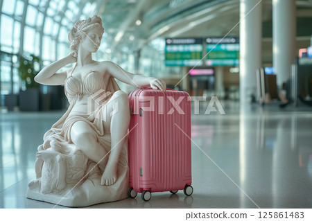 Classic Greek marble statue resting and waiting beside travel suitcase in modern airport. Flight delayed, cancelled or overbooked. Contrast between classical art and modern travel in a vibrant setting 125861483