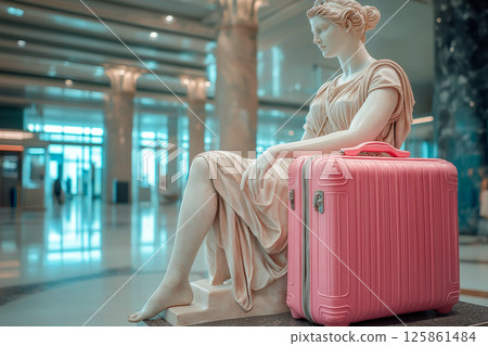 Classic Greek marble statue resting and waiting beside travel suitcase in modern airport. Flight delayed, cancelled or overbooked. Contrast between classical art and modern travel in a vibrant setting Classic Greek marble statue resting and waiting beside travel suitcase in modern airport. Flight delayed, cancelled or overbooked. Contrast between classical art and modern travel in a vibrant setting 125861484