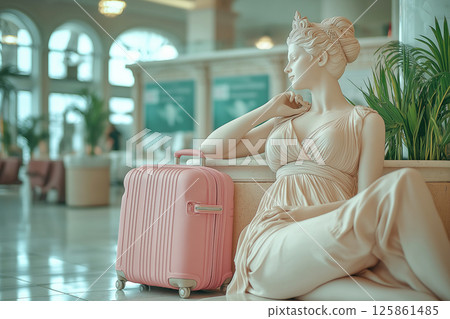 Classic Greek marble statue resting and waiting beside travel suitcase in modern airport. Flight delayed, cancelled or overbooked. Contrast between classical art and modern travel in a vibrant setting 125861485
