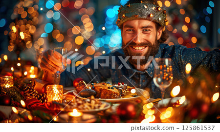 Small Happy multigeneration family enjoying Christmas eve at home. 125861537