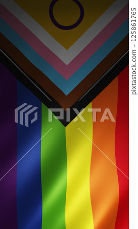 Vertical texture of the progress pride flag, including rainbow stripes and inclusive elements on fabric. Represents equality, diversity, and awareness. Vertical texture of the progress pride flag, including rainbow stripes and inclusive elements on fabric. Represents equality, diversity, and awareness. 125861765