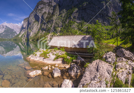 Bootshaus am Obersee lake in Berchtesgaden National Park, Alps Germany Bootshaus am Obersee lake in Berchtesgaden National Park, Alps Germany 125861827