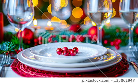 The table is elegantly set for celebrating Christmas or New Year. 125861947