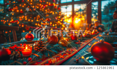 The table is elegantly set for celebrating Christmas or New Year. 125861961
