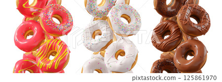 Assorted donuts with colorful icing, sprinkles, and chocolate isolated on white transparent background 125861970