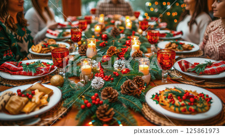 The table is elegantly set for celebrating Christmas or New Year. 125861973