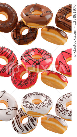 Assorted donuts with colorful icing, sprinkles, and chocolate isolated on white transparent background 125861976