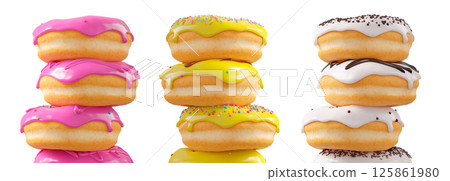Assorted donuts with colorful icing, sprinkles, and chocolate isolated on white transparent background 125861980