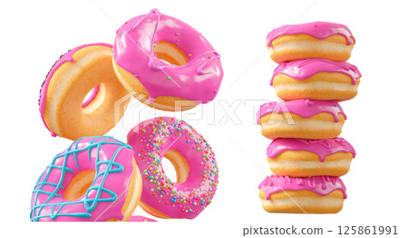 Donuts with pink fruit glaze, sprinkles, white drizzle, and dots isolated on white transparent background 125861991