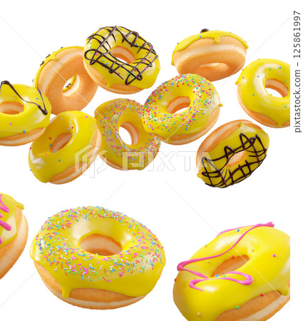 Donuts with yellow lemon glaze, sprinkles, white drizzle, and dots isolated on white transparent background 125861997