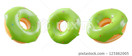 Donuts with green kiwi glaze, sprinkles, white drizzle, and dots isolated on white transparent background 125862005
