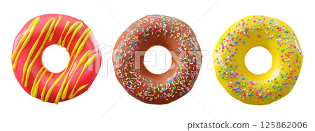 Donuts with chocolate glaze, sprinkles, white drizzle, and dots isolated on white transparent background 125862006