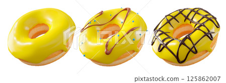 Donuts with yellow lemon glaze, sprinkles, white drizzle, and dots isolated on white transparent background Donuts with yellow lemon glaze, sprinkles, white drizzle, and dots isolated on white transparent background 125862007