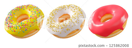 Donuts with chocolate glaze, sprinkles, white drizzle, and dots isolated on white transparent background Donuts with chocolate glaze, sprinkles, white drizzle, and dots isolated on white transparent background 125862008