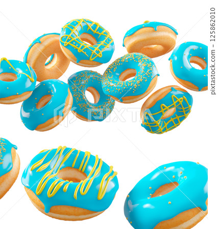 Donuts with blue blueberry glaze, sprinkles, white drizzle, and dots isolated on white transparent background 125862010