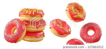 Donuts with red fruit glaze, sprinkles, white drizzle, and dots isolated on white transparent background 125862012
