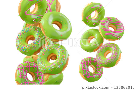 Donuts with green kiwi glaze, sprinkles, white drizzle, and dots isolated on white transparent background Donuts with green kiwi glaze, sprinkles, white drizzle, and dots isolated on white transparent background 125862013