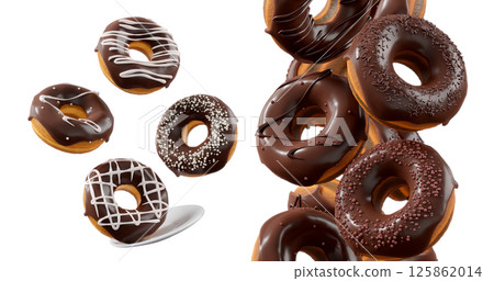 Donuts with chocolate glaze, sprinkles, white drizzle, and dots isolated on white transparent background 125862014