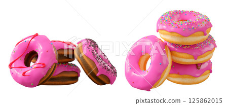 Donuts with pink fruit glaze, sprinkles, white drizzle, and dots isolated on white transparent background 125862015