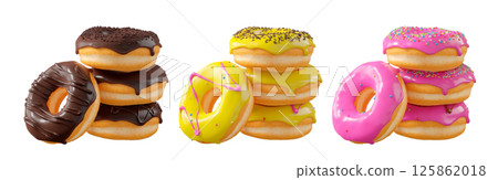 Assorted donuts with colorful icing, sprinkles, and chocolate isolated on white transparent background 125862018
