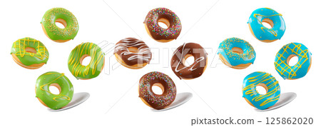 Assorted donuts with colorful icing, sprinkles, and chocolate isolated on white transparent background 125862020