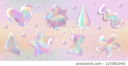 3d holographic retro 90 stickers set. Pink Chrome abstract Shapes in Y2K style on Gradient background. Future galaxy aesthetic, 3D chrome bubble art. Metal glossy sticker set. 125862048