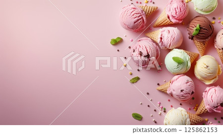 Strawberry ice cream cone with fruit slice story background 125862153