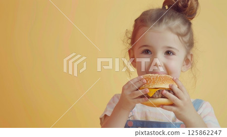 Little girl handsome brown hair eating hamburger copy space background 125862247