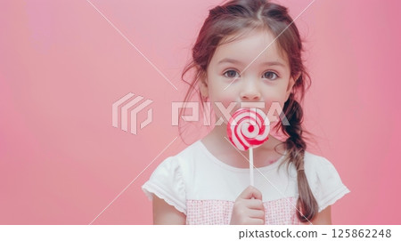 Little girl eating swirl candy lollipop sugar snack copy space 125862248