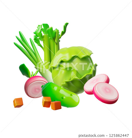 3d vector set of healthy vegetables, cabbage, cucumber, spinach, onion, radish, carrot cubes. 125862447