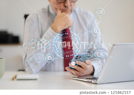 Agile development methodology concept. Business hand using laptop computer and tablet with virtual screen agile icon on modern office digital technology concept. 125862557
