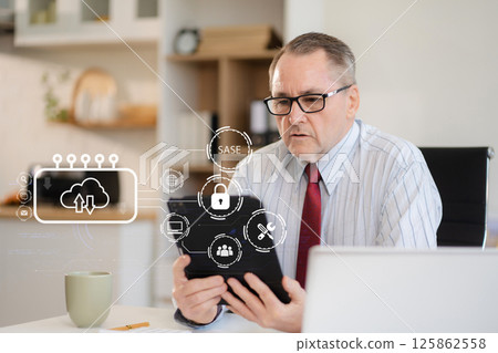 Hand touching secure access service edge icon on smartphone virtual screen background, password, network, framework and support technology in office. secure access service edge concept. 125862558