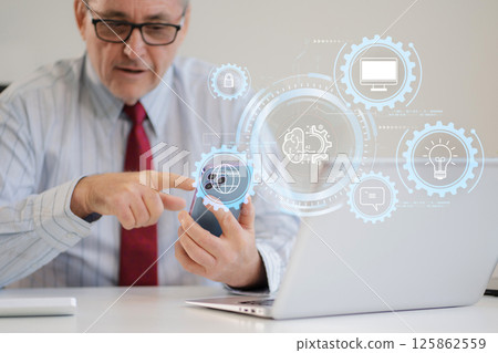 Digital transformation technology strategy, Person using laptop, tablet and smartphone with of things. transformation of ideas and the adoption. 125862559