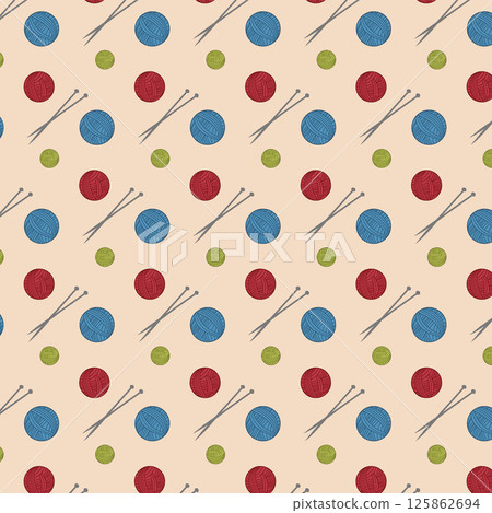 Knitting Pattern with Colorful Yarn Balls and Needles. Cozy Background Design for Wrapping Paper, Textile Prints, DIY Craft Projects, Knitting Blog Illustrations. Vector illustration Knitting Pattern with Colorful Yarn Balls and Needles. Cozy Background Design for Wrapping Paper, Textile Prints, DIY Craft Projects, Knitting Blog Illustrations. Vector illustration 125862694