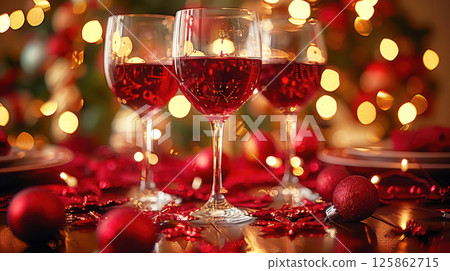 The table is elegantly set for celebrating Christmas or New Year. 125862715