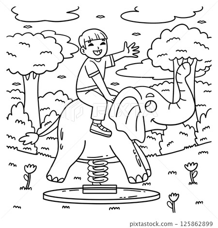 Playground Boy on Elephant Spring Rider Coloring  125862899