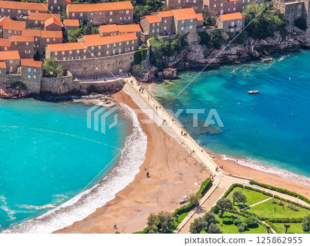 Aerial View of Sveti Stefan, Sea and Hotels, Montenegro Aerial View of Sveti Stefan, Sea and Hotels, Montenegro 125862955