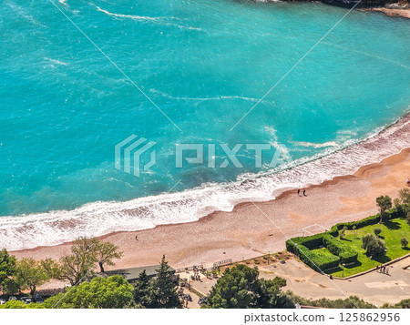 Aerial View of Sveti Stefan, Sea and Hotels, Montenegro Aerial View of Sveti Stefan, Sea and Hotels, Montenegro 125862956