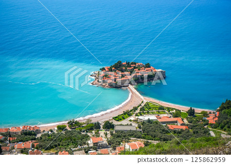 Aerial View of Sveti Stefan, Sea and Hotels, Montenegro 125862959